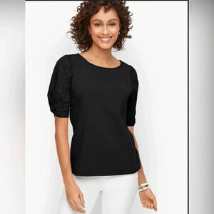 Talbot Black Cotton Spandex Crew Neck T-Shirt Eyelet Puff Sleeves Women’s XS NEW
